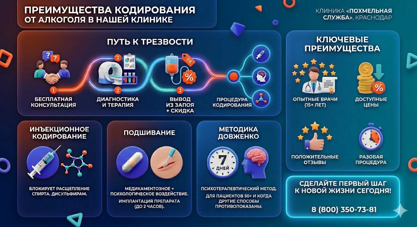 Инфографика о методах кодирования от алкоголя в Степном: инъекции, подшивание, метод Довженко. Преимущества клиники и этапы лечения.
