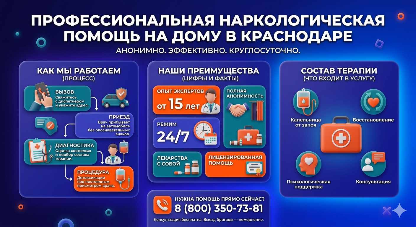 Инфографика о принципах лечения алкоголизма на дому в Степном: этапы вызова нарколога, преимущества анонимной детоксикации и состав медицинской помощи.